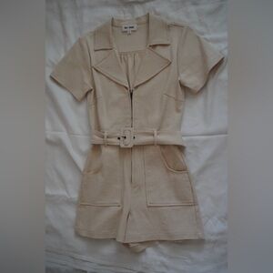 Beige Belted Denim Romper